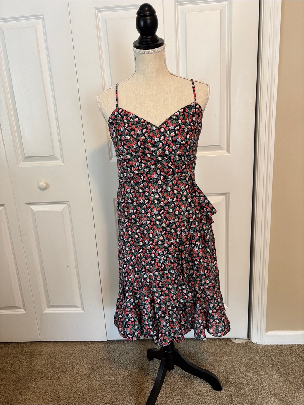 J. Crew Navy Floral Midi Dress with Red and White Blooms